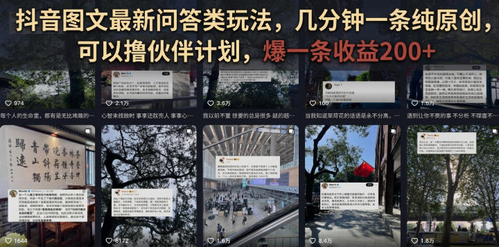 抖音图文最新问答类玩法，几分钟一条纯原创，可以撸伙伴计划，爆一条收益200+-啥好玩