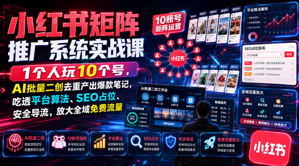 小红书矩阵推广系统实战课｜1个人玩10个号，AI批量二创去重产出爆款笔记，吃透平台算法、SEO占位、安全导流，放大全域免费流量-啥好玩