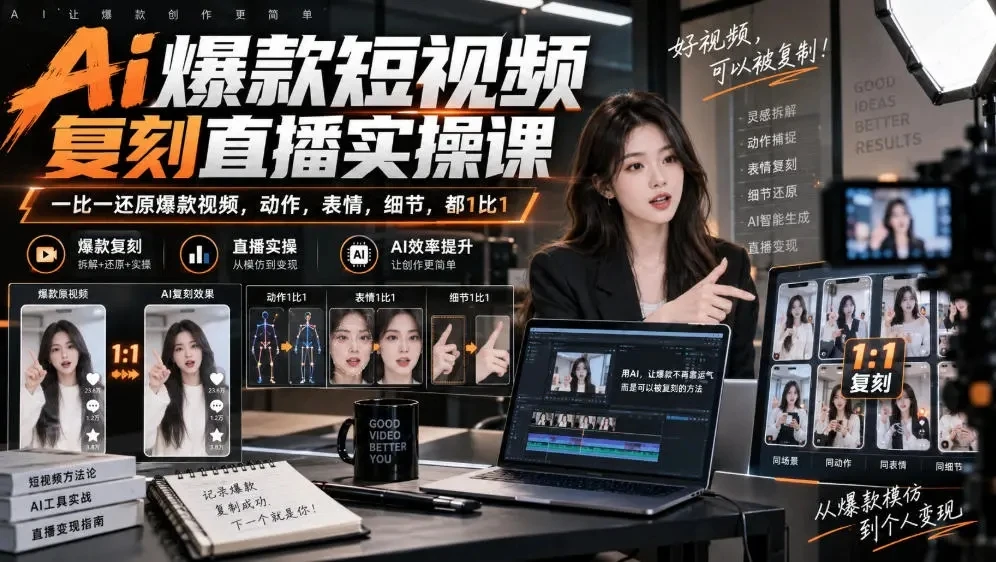 【精】天诺老吴Ai爆款短视频复刻直播实操课，一比一还原爆款视频，动作，表情，细节，都1比1-啥好玩副业网