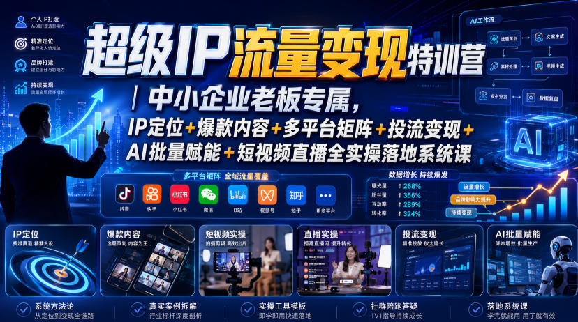 超级IP流量变现特训营｜中小企业老板专属，IP定位+爆款内容+多平台矩阵+投流变现+AI批量赋能+短视频直播全实操落地系统课 - 啥好玩-啥好玩