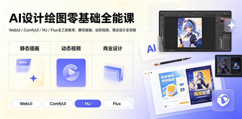 AI设计绘图零基础全能课｜WebUI/ComfyUI/MJ/Flux全工具教学，静态插画、动态视频、商业设计全流程 - 啥好玩-啥好玩