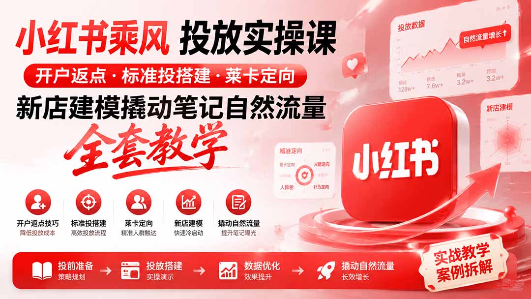 小红书乘风投放-100分钟实操课｜开户返点·标准投搭建·莱卡定向，新店建模撬动笔记自然流量全套教学 - 啥好玩副业网-啥好玩副业网