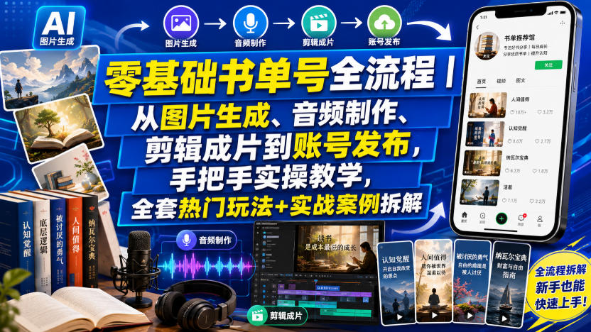 零基础书单号全流程｜从图片生成、音频制作、剪辑成片到账号发布，手把手实操教学，全套热门玩法+实战案例拆解-啥好玩
