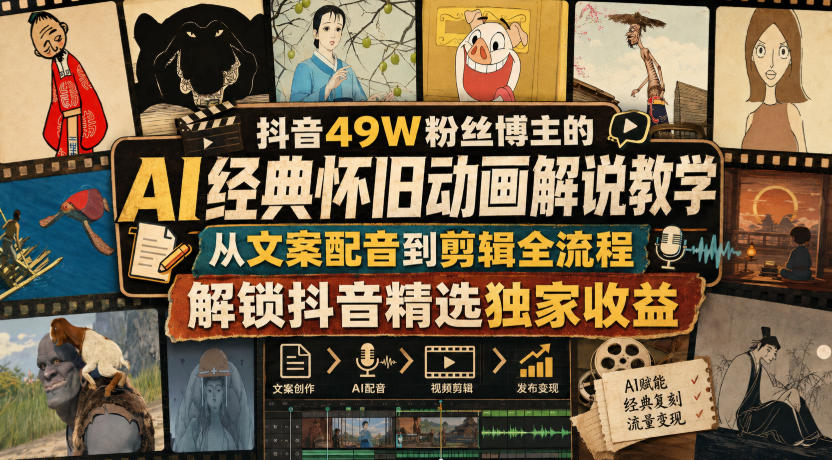 抖音49W粉丝博主的AI经典怀旧动画解说教学，从文案配音到剪辑全流程，解锁抖音精选独家收益-啥好玩副业网