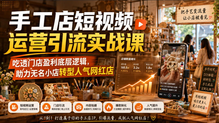 手工店短视频运营引流实战课，吃透门店盈利底层逻辑，助力无名小店转型人气网红店 - 啥好玩副业网-啥好玩副业网