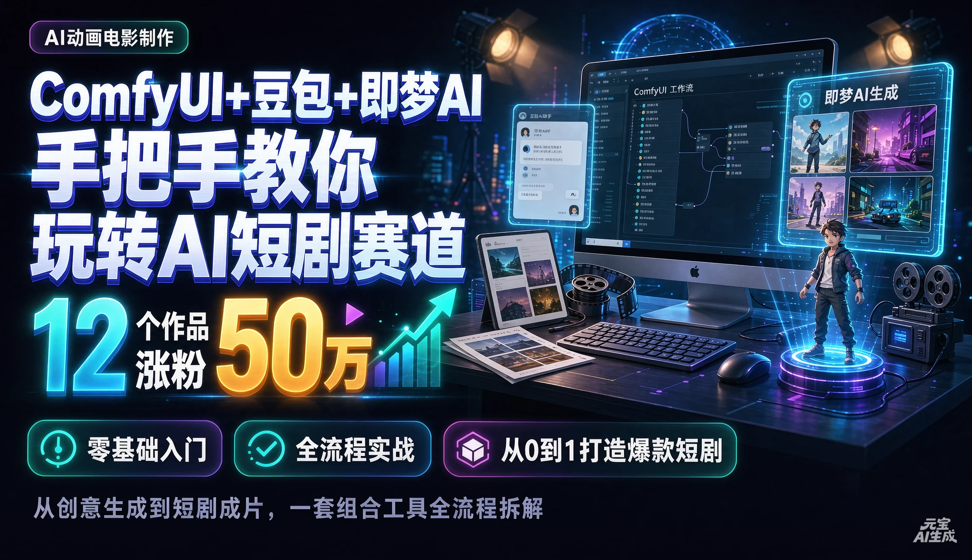 【精】AI动画电影制作，12个作品涨粉50万，手把手教你ComfyUI+豆包+即梦AI玩转AI短剧赛道 - 啥好玩副业网-啥好玩副业网