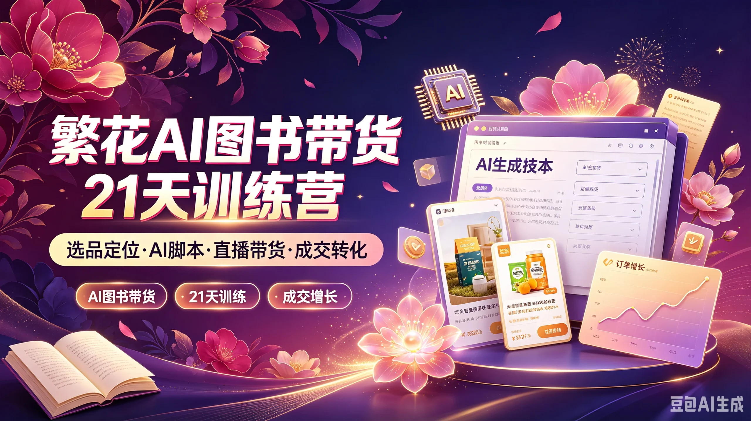 【精】繁花AI图书带货21天训练营，选品定位·AI脚本·直播带货·成交转化，AI图书带货、21天训练、成交增长-啥好玩