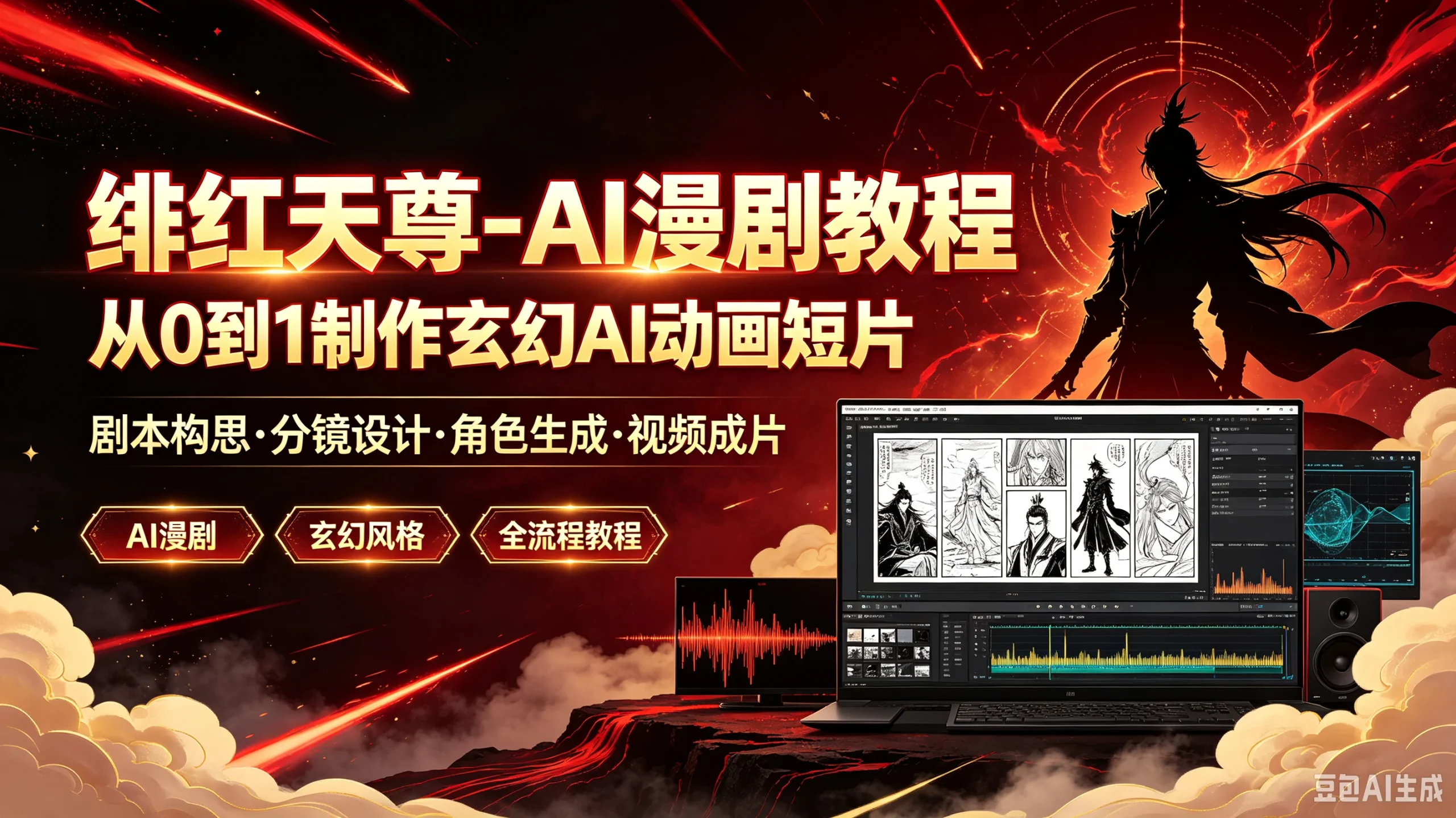 【精】绯红天尊-AI漫剧教程从O到1制作玄幻AI动画短片，剧本构思·分镜设计·角色生成·视频成片 - 啥好玩副业网-啥好玩副业网