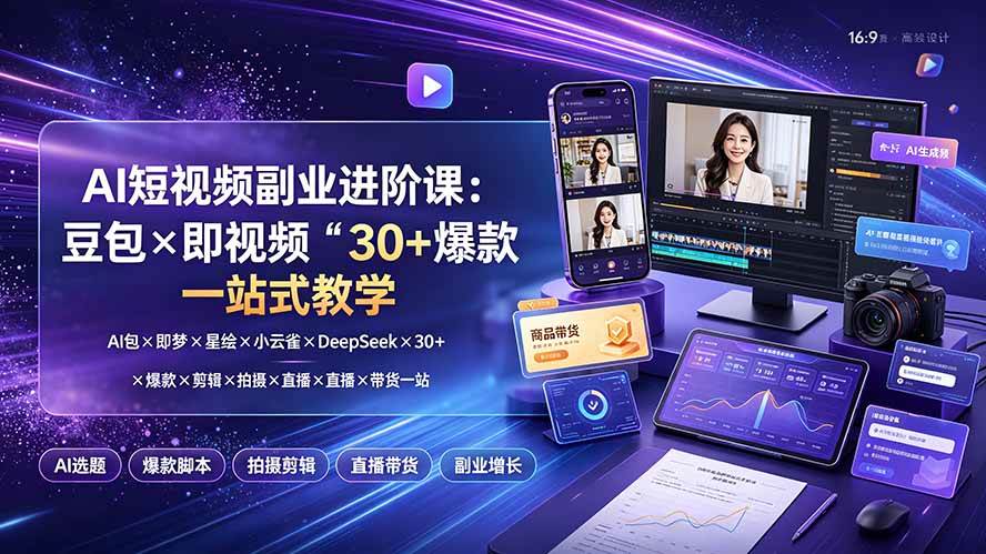 （19458期）AI短视频副业进阶课：豆包×即梦×星绘×小云雀×DeepSeek×30+爆款×剪辑×拍摄×直播×带货一站式教学-啥好玩
