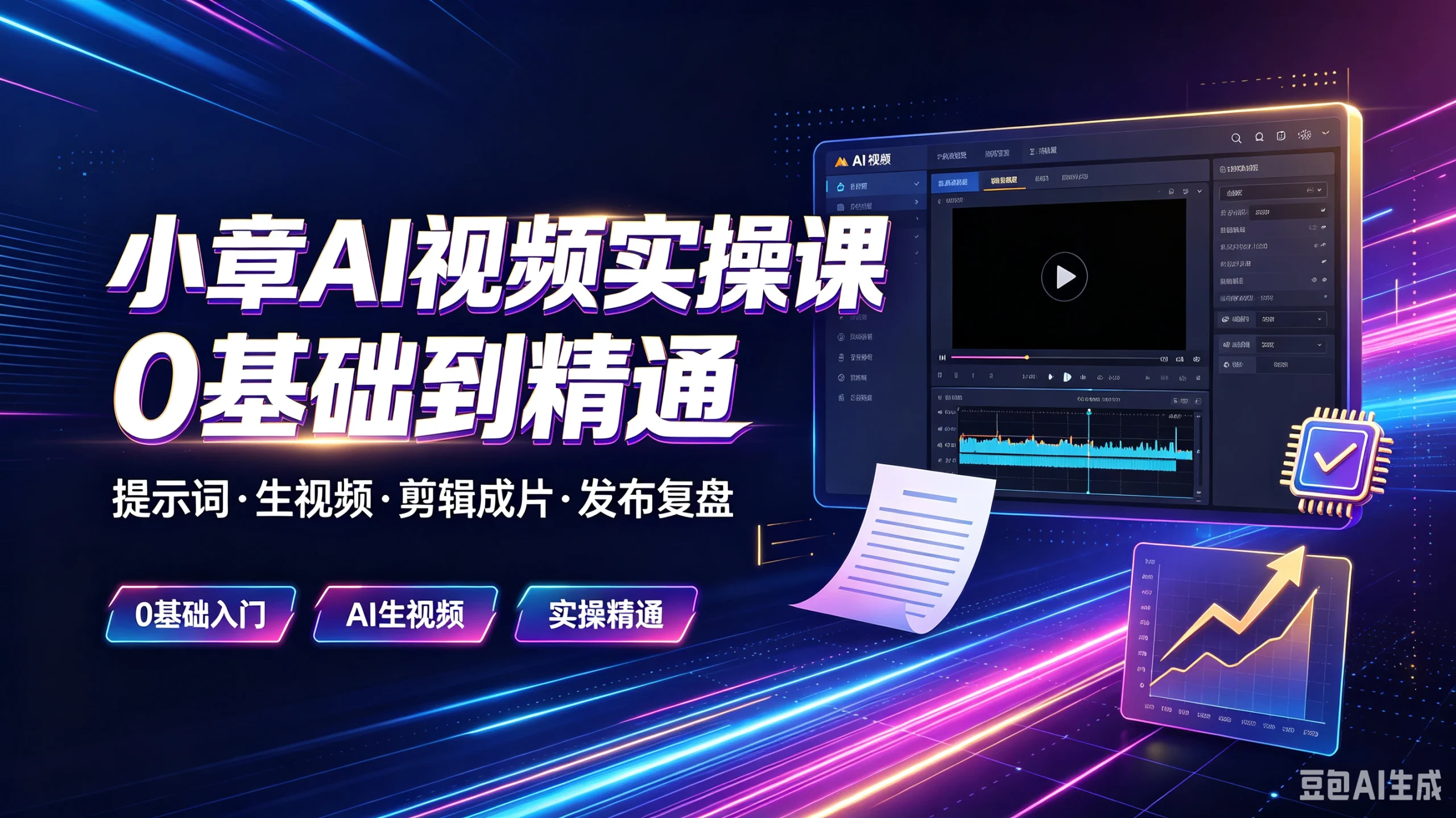 【精】小章AI视频实操课O基础到精通，提示词·生视频·剪辑成片·发布复盘，0基础入门、Al生视频、实操精通-啥好玩