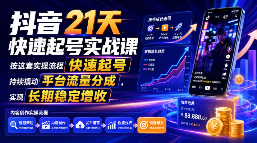 抖音21天快速起号实战课，按这套实操流程快速起号，持续撬动平台流量分成，实现长期稳定增收 - 啥好玩-啥好玩