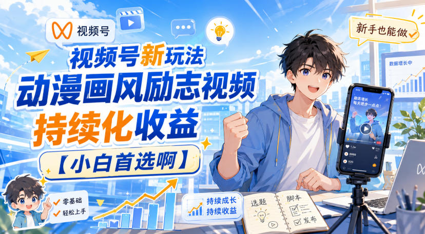 视频号新玩法动漫画风励志视频，持续化收益【小白首选啊】-啥好玩副业网