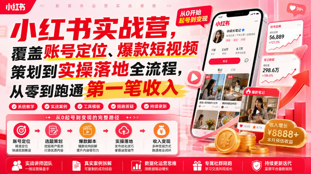 小红书实战营，覆盖账号定位、爆款短视频策划到实操落地全流程，从零到跑通第一笔收入 - 啥好玩-啥好玩
