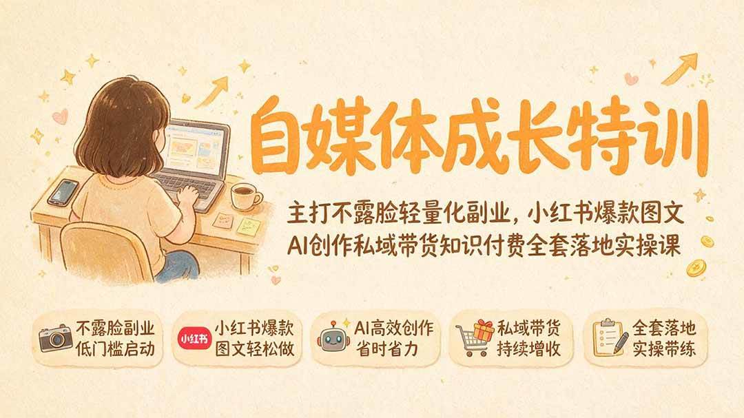 （19584期）自媒体成长特训｜主打不露脸轻量化副业，小红书爆款图文AI创作私域带货知识付费全套落地实操课-啥好玩