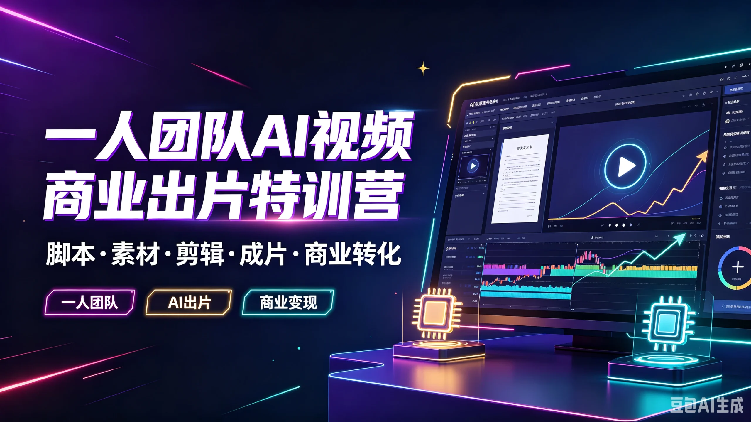【精】一人团队AI视频商业出片特训营，脚本·素材·剪辑·成片·商业转化，一人团队、Al出片、商业变现-啥好玩