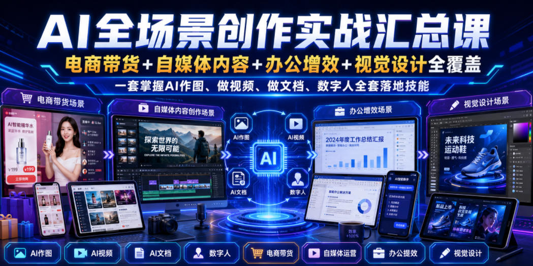 AI全场景创作实战汇总课｜电商带货+自媒体内容+办公增效+视觉设计全覆盖，一套掌握AI作图、做视频、做文档、数字人全套落地技能 - 啥好玩-啥好玩