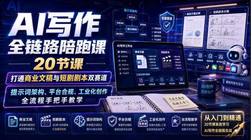 AI写作全链路陪跑课｜20节课打通商业文稿与短剧剧本双赛道，提示词架构、平台合规、工业化创作全流程手把手教学 - 啥好玩副业网-啥好玩副业网