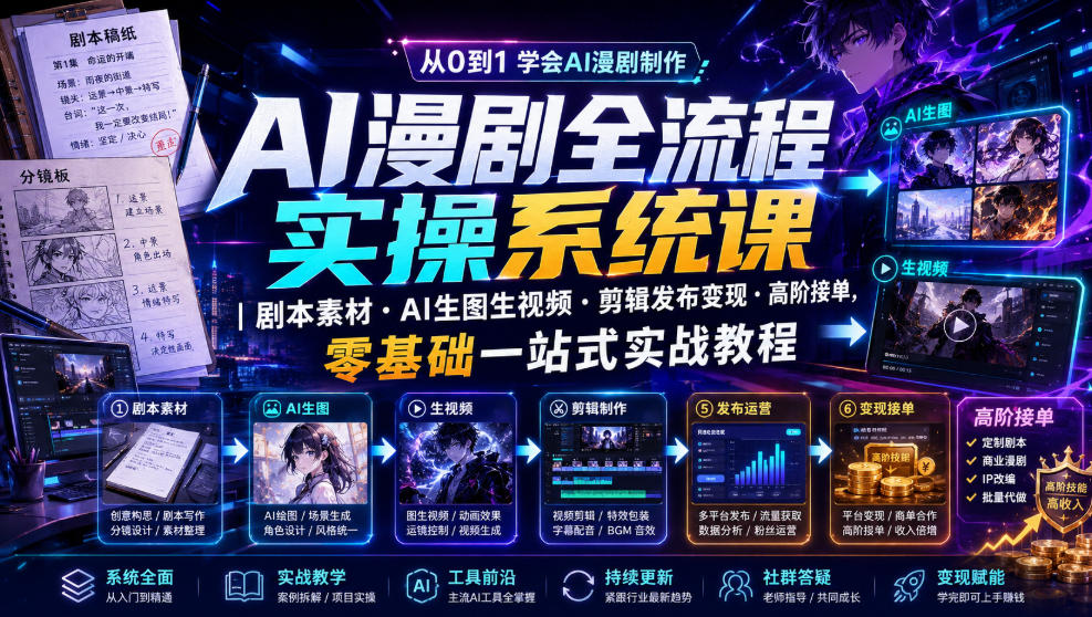 AI漫剧全流程实操系统课｜剧本素材・AI生图生视频・剪辑发布变现・高阶接单，零基础一站式实战教程 - 啥好玩-啥好玩