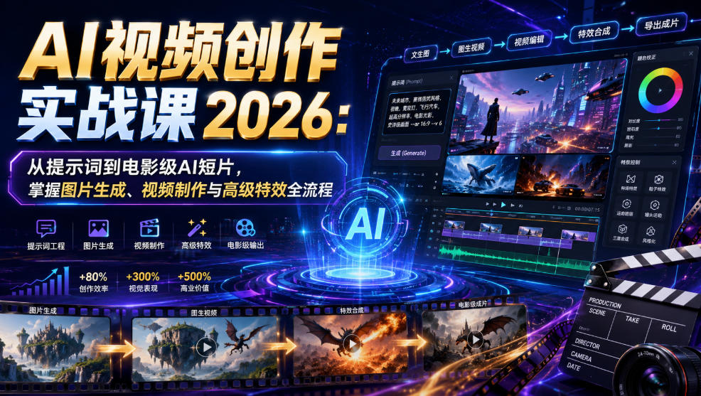 AI视频创作实战课2026：从提示词到电影级AI短片，掌握图片生成、视频制作与高级特效全流程 - 啥好玩-啥好玩