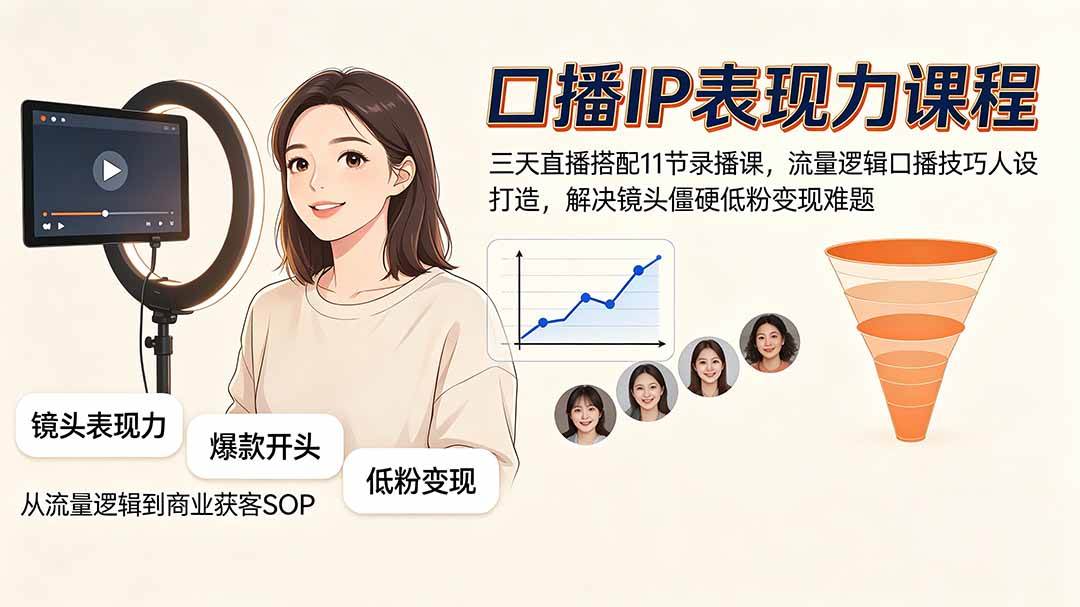 （19604期）口播IP表现力课程｜三天直播搭配11节录播课，流量逻辑口播技巧人设打造，解决镜头僵硬低粉变现难题-啥好玩