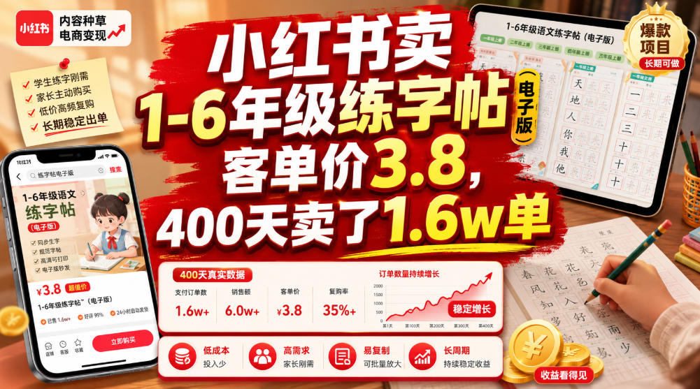 小红书卖1-6年级练字帖（电子版），客单价3.8，400天卖了1.6w单 - 啥好玩-啥好玩