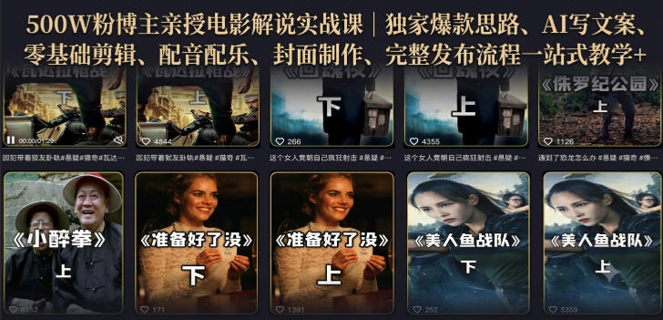 500W粉博主亲授电影解说实战课｜精选独家思路、AI写文案、零基础剪辑、配音配乐、封面制作、完整发布流程一站式教学 - 啥好玩副业网-啥好玩副业网