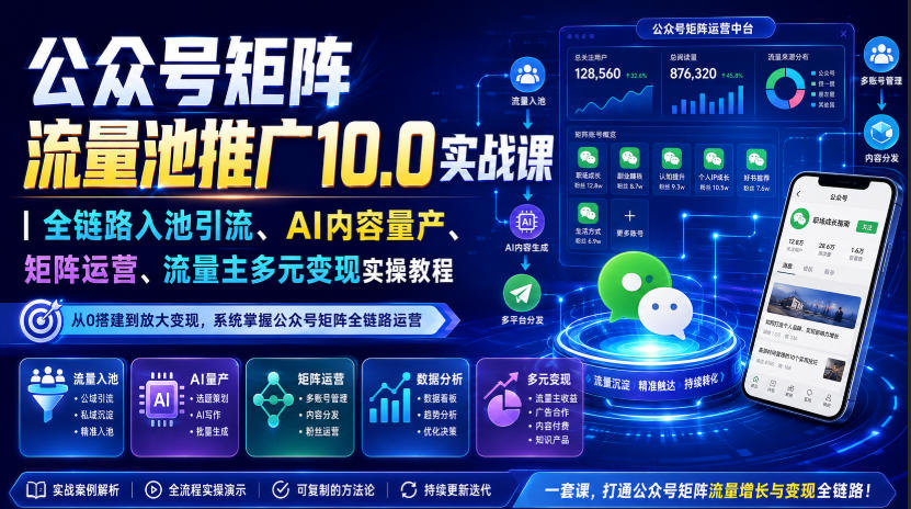 公众号矩阵流量池推广10.0实战课｜全链路入池引流、AI内容量产、矩阵运营、流量主多元变现实操教程-啥好玩副业网