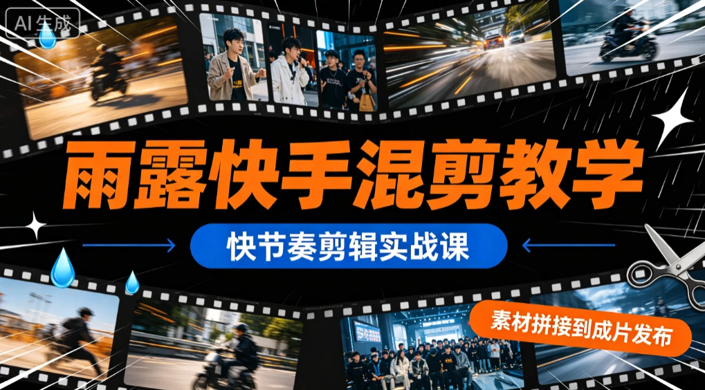 【精】雨露快手混剪教学，快节奏剪辑实战课，素材拼接到成片发布-啥好玩