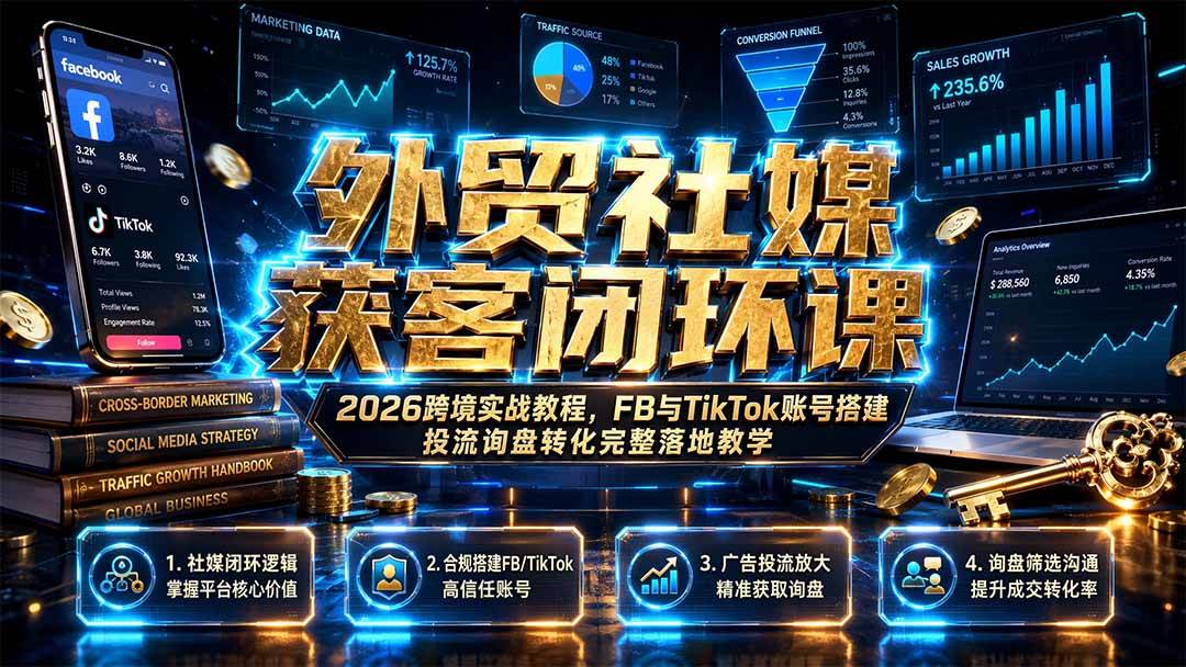 （19611期）外贸社媒获客闭环课｜2026跨境实战教程，FB与TikTok账号搭建投流询盘转化完整落地教学-啥好玩