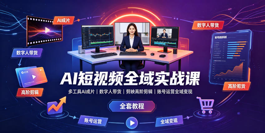 AI短视频全域实战课｜多工具AI成片、数字人带货、剪映高阶剪辑、账号运营全域变现全套教程 - 啥好玩-啥好玩