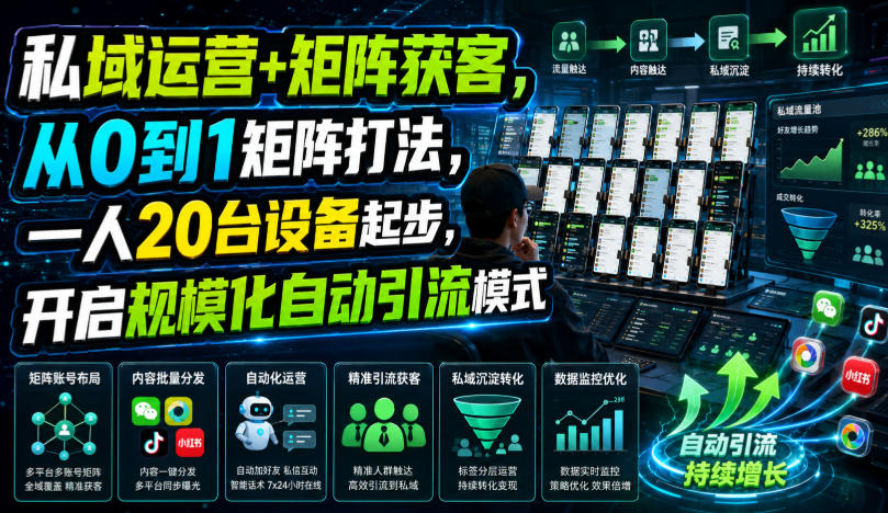 私域运营+矩阵获客，从0到1矩阵打法，一人20台设备起步，开启规模化自动引流模式！-啥好玩