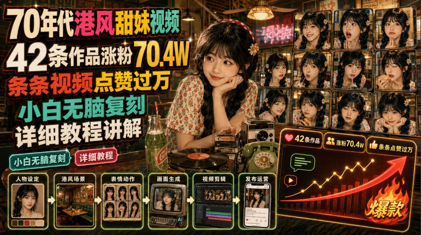 70年代港风甜妹视频，42条作品涨粉70.4W，条条视频点赞过万，小白无脑复刻，详细教程讲解-啥好玩