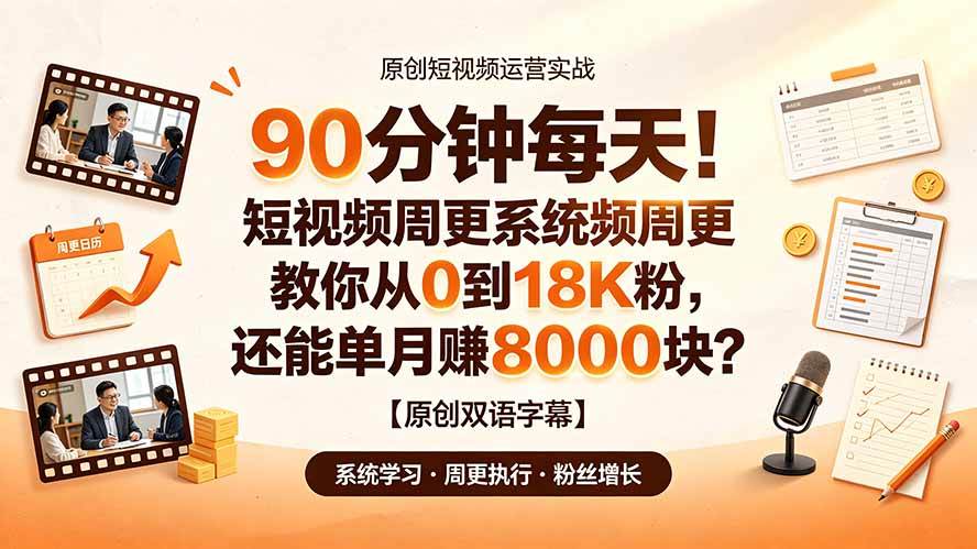 （19265期）90 分钟每天！短视频周更系统教你从 0 到 18K 粉，还能单月赚 8000 块？【原创双语字幕】-啥好玩