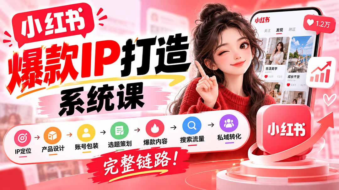 【无水印】小红书爆款IP打造课：IP定位→产品设计→账号包装→选题策划→爆款内容→搜索流量→私域转化，完整链路 - 啥好玩副业网-啥好玩副业网