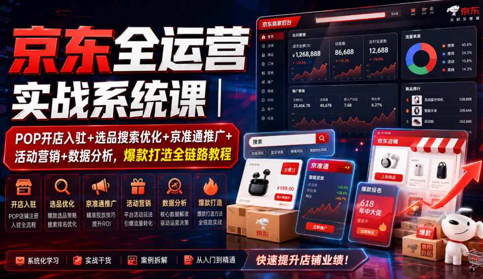 京东全运营实战系统课｜POP开店入驻+选品搜索优化+京准通推广+活动营销+数据分析，爆款打造全链路教程-啥好玩
