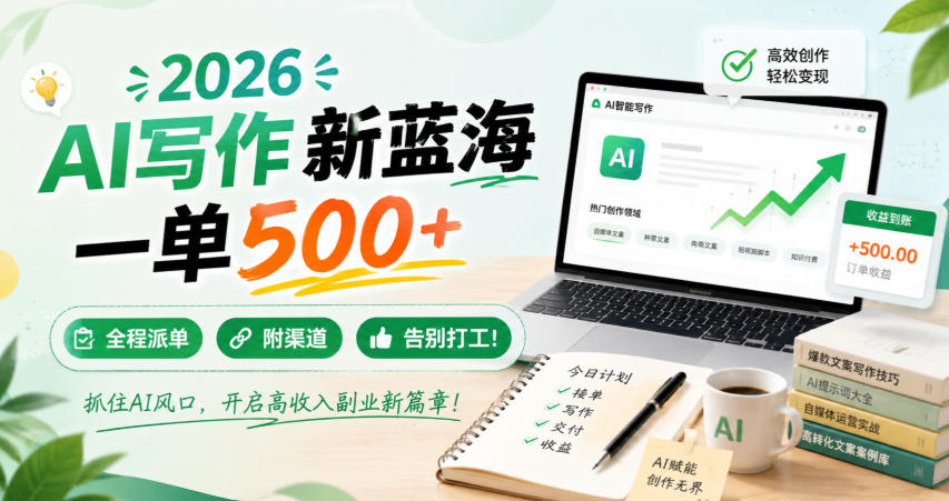 2026 AI写作新蓝海,一单500+,全程派单,附渠道,告别打工!【揭秘】-啥好玩副业网