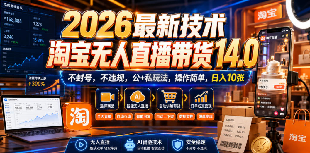 2026最新技术，淘宝无人直播带货14.0，不封号，不违规，公+私玩法，操作简单，日入10张【揭秘】 - 啥好玩-啥好玩