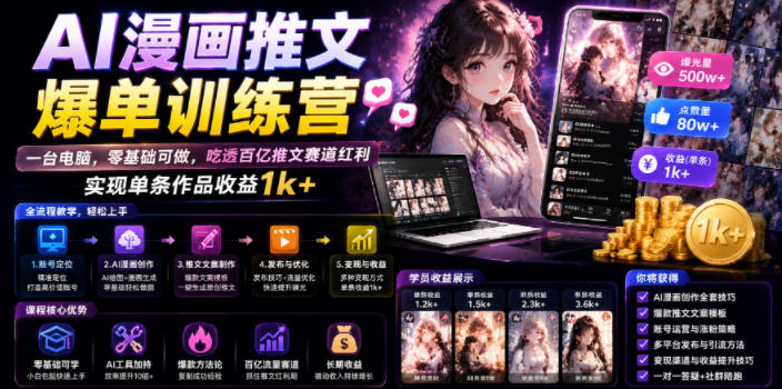 AI漫画推文爆单训练营，一台电脑，零基础可做，吃透百亿推文赛道红利，实现单条作品收益1k+（更新0705）-啥好玩