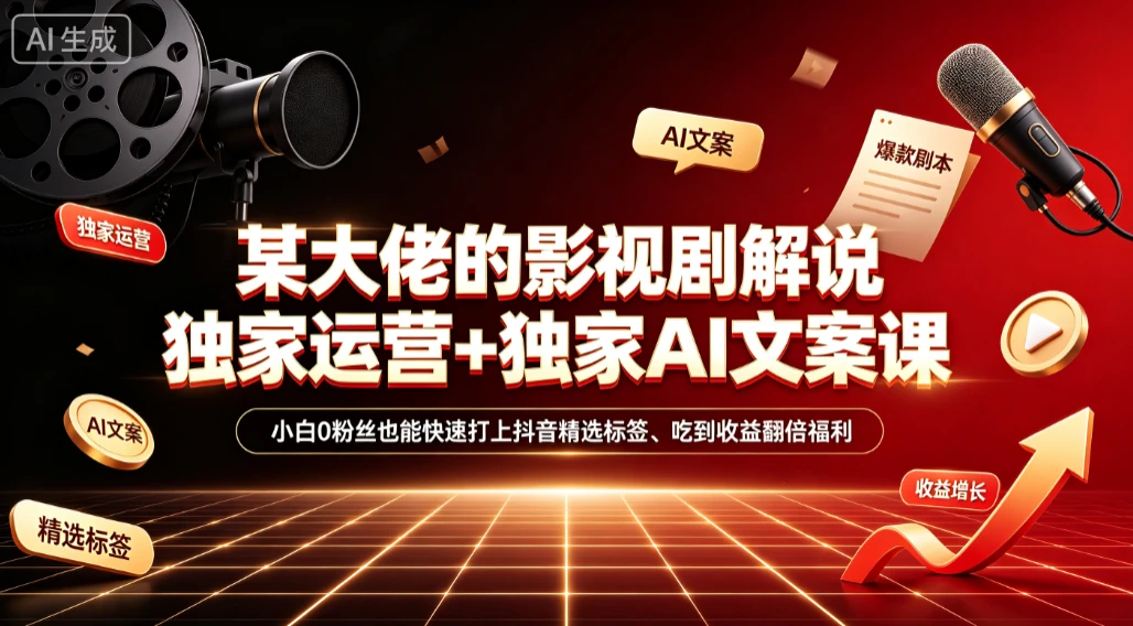 【精】某大佬的影视剧解说独家运营+独家AI文案课，小白0粉丝也能快速打上抖音精选标签、吃到收益翻倍福利-啥好玩