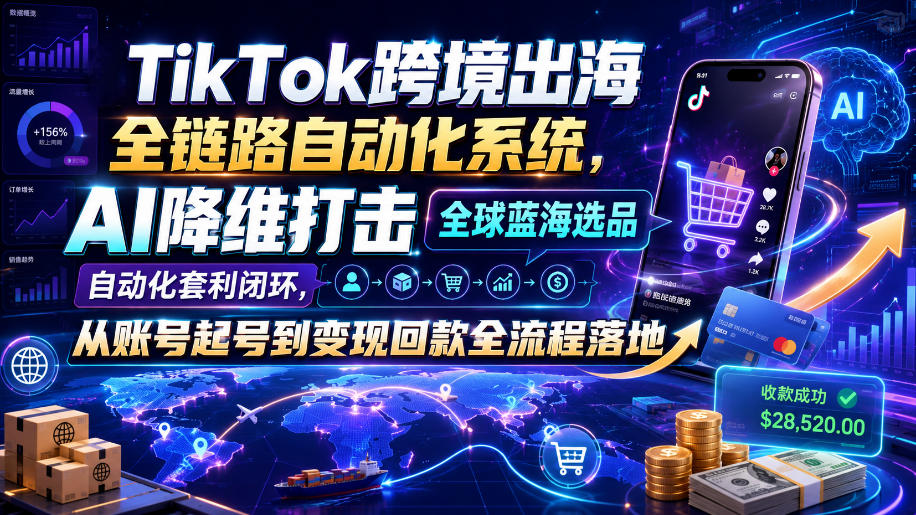 TikTok跨境出海全链路自动化系统，AI降维打击全球蓝海选品自动化套利闭环，从账号起号到变现回款全流程落地（2026年7月） - 啥好玩-啥好玩