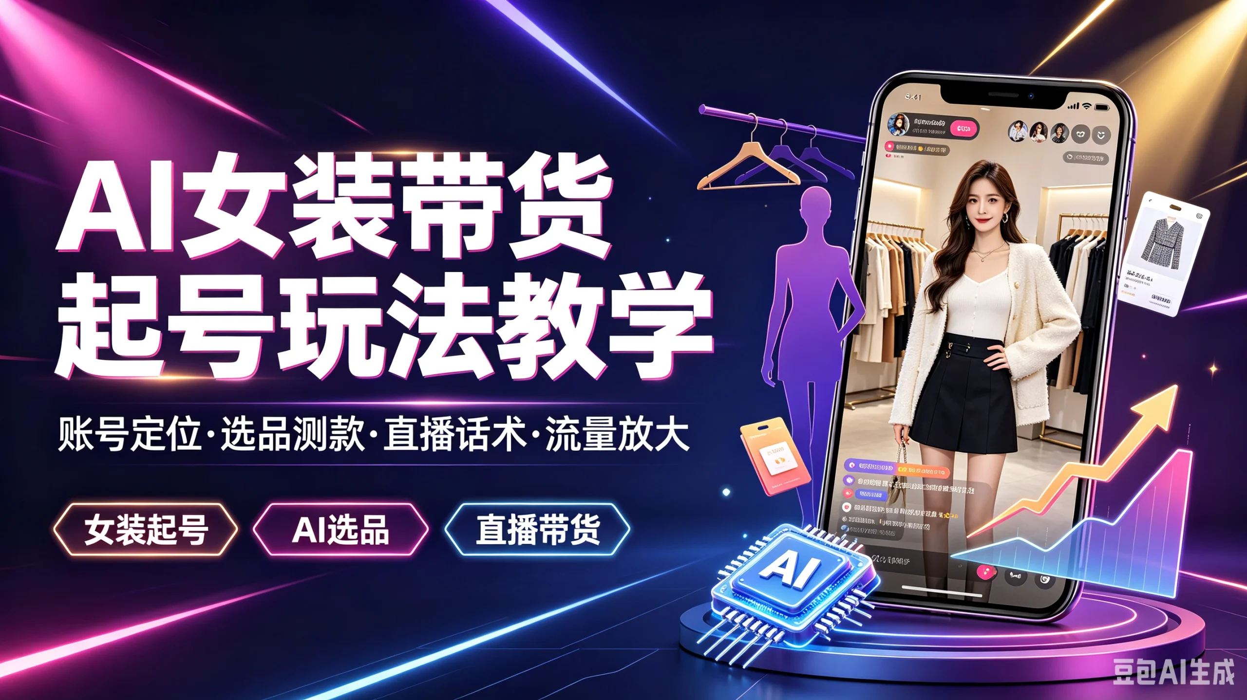 【精】AI女装带货起号玩法教学，帐号定位·选品测款·直播话术·流量放大，女装起号、Al选品、直播带货-啥好玩