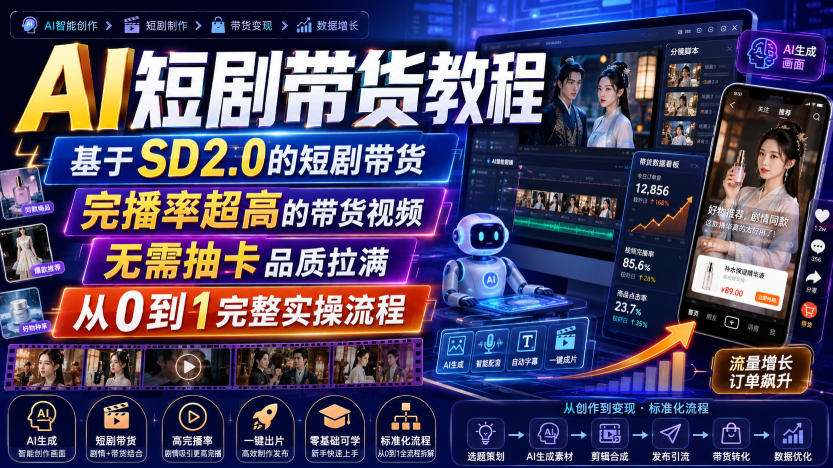AI短剧带货教程，基于SD2.0的短剧带货，完播率超高的带货视频，无需抽卡品质拉满，从0到1完整实操流程-啥好玩副业网