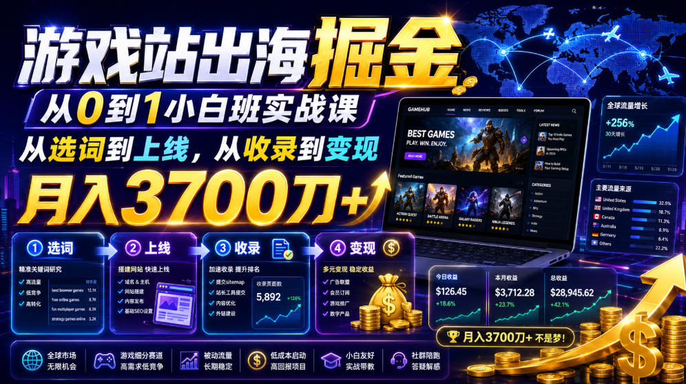 游戏站出海掘金从0到1小白实战课，从选词到上线，从收录到变现，月入3700刀+-啥好玩