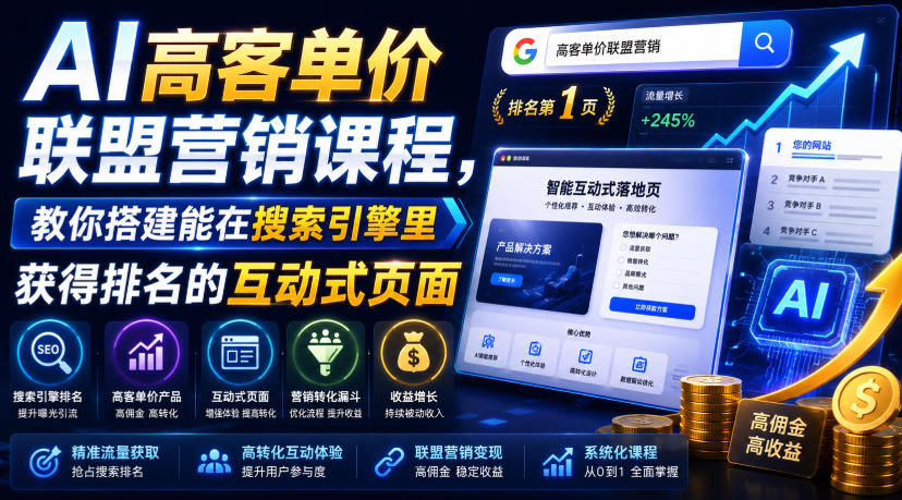 AI高客单价联盟营销课程，教你搭建能在搜索引擎里获得排名的互动式页面，引来流量，把访客转化为高佣金的成交【原创双语字幕】 - 啥好玩-啥好玩