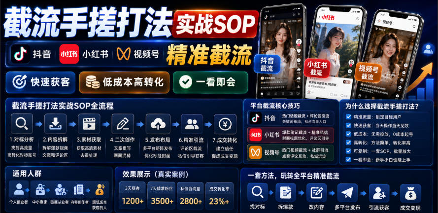 截流手搓打法实战SOP，抖音小红书视频号精准截流，快速获客，低成本高转化，一看即会 - 啥好玩-啥好玩