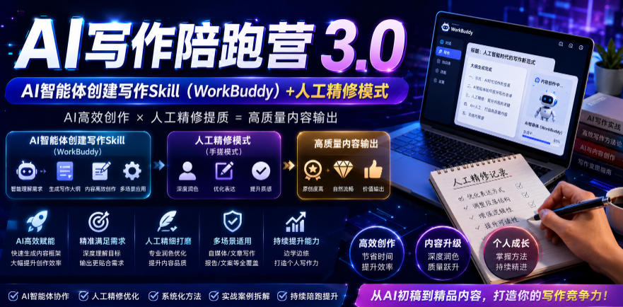 【精】AI写作陪跑营3.0，Ai智能体创建写作skill（workbuddy）+人工手写模式（手搓模式），去除AI痕迹（头条号、公众号、百家号）-啥好玩