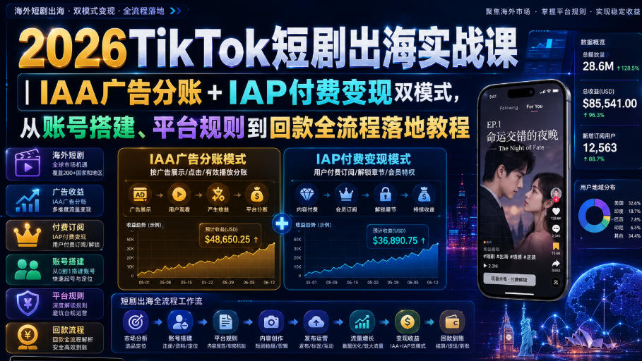 2026TikTok短剧出海实战课｜IAA广告分账+IAP付费变现双模式，从账号搭建、平台规则到回款全流程落地教程 - 啥好玩副业网-啥好玩副业网