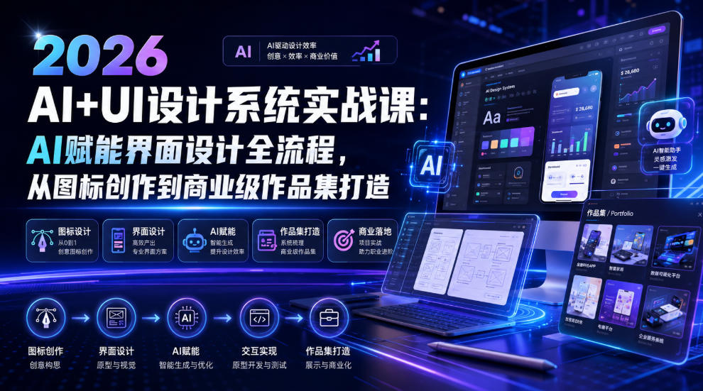 2026 AI+UI设计系统实战课：AI赋能界面设计全流程，从图标创作到商业级作品集打造 - 啥好玩-啥好玩