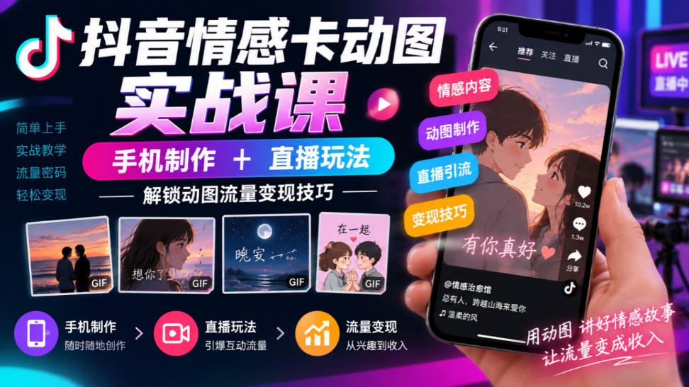 抖音情感卡动图实战课｜手机制作+直播玩法，解锁动图流量变现技巧 - 啥好玩副业网-啥好玩副业网