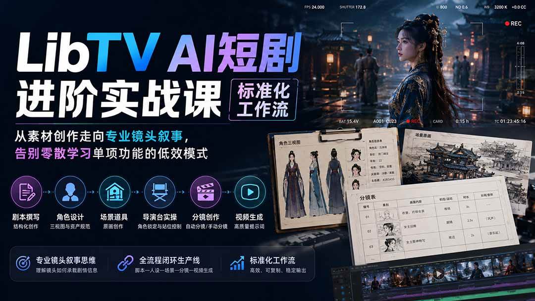 （19836期）LibTV AI短剧进阶实操课标准化工作流；从素材创作走向专业镜头叙事，告别零散学习单项功能的低效模式 - 啥好玩副业网-啥好玩副业网